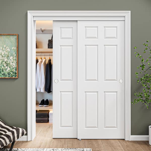 60 in. x 80 in. Paneled 6-Lite White Primed MDF Composite Sliding Door with Hardware