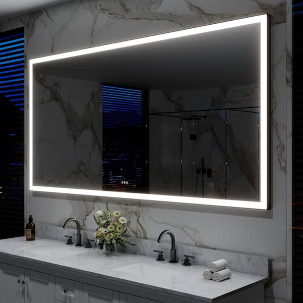 84 in. W x 42 in. H Large Rectangular Framed Anti-Fog Wall LED Bathroom Vanity Mirror with Light in Matte Black,Plug