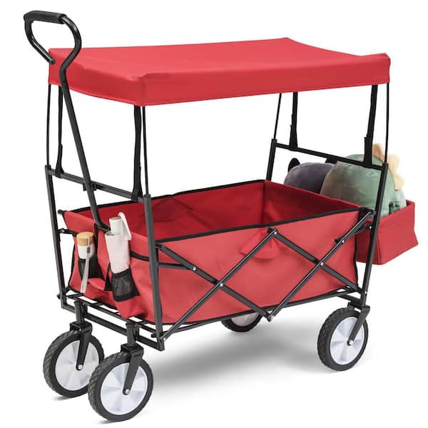 Tatayosi 3.6 cu.ft. Outdoor Metal Utility Wagon with Canopy, Garden Cart Wheels Adjustable Handle Rear Storage, Red