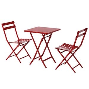 3-Piece Outdoor Metal Bistro Folding Patio Chairs and 1 Square Table in Red (Set of 2)