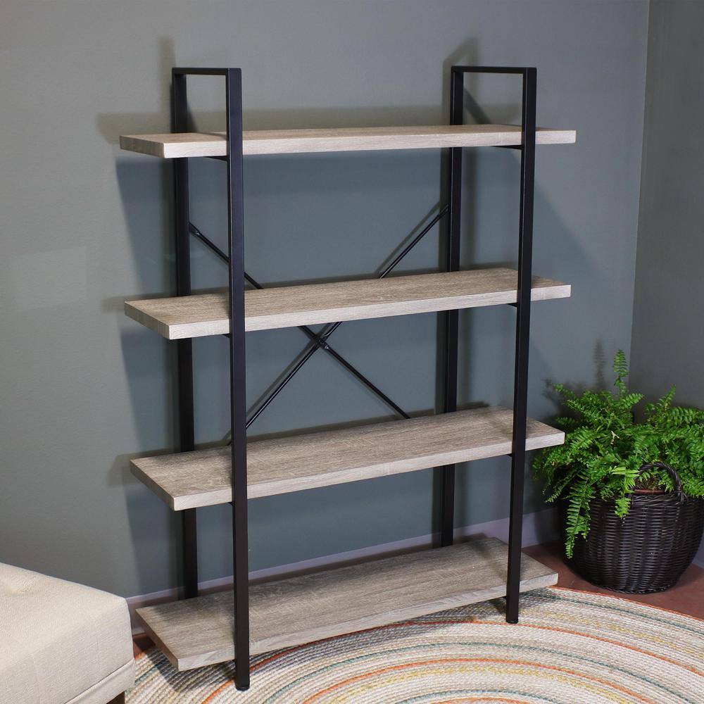 Oak Gray 4-Tier Adjustable Industrial Bookshelf with Steel Frame