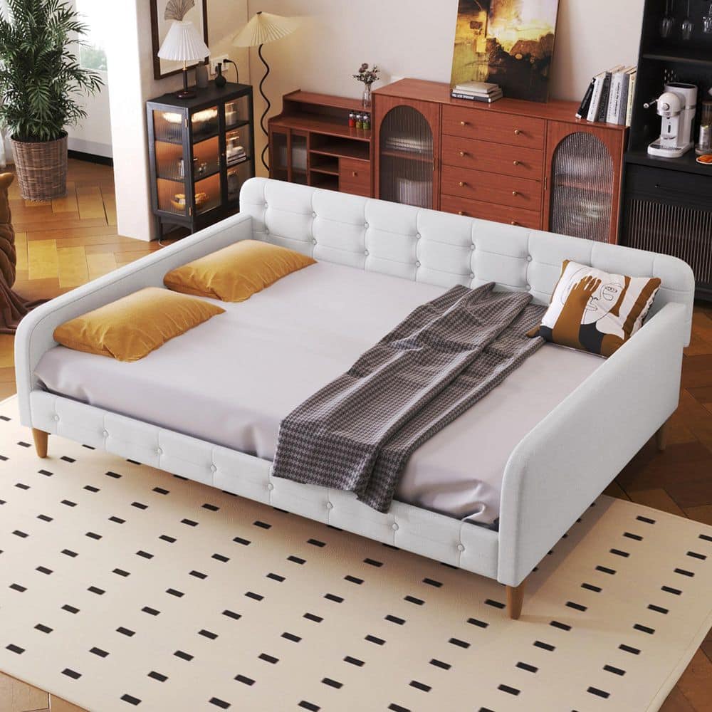 Button-Tufted Beige Wood Frame Full Size Linen Upholstered Daybed with Additional Support Legs