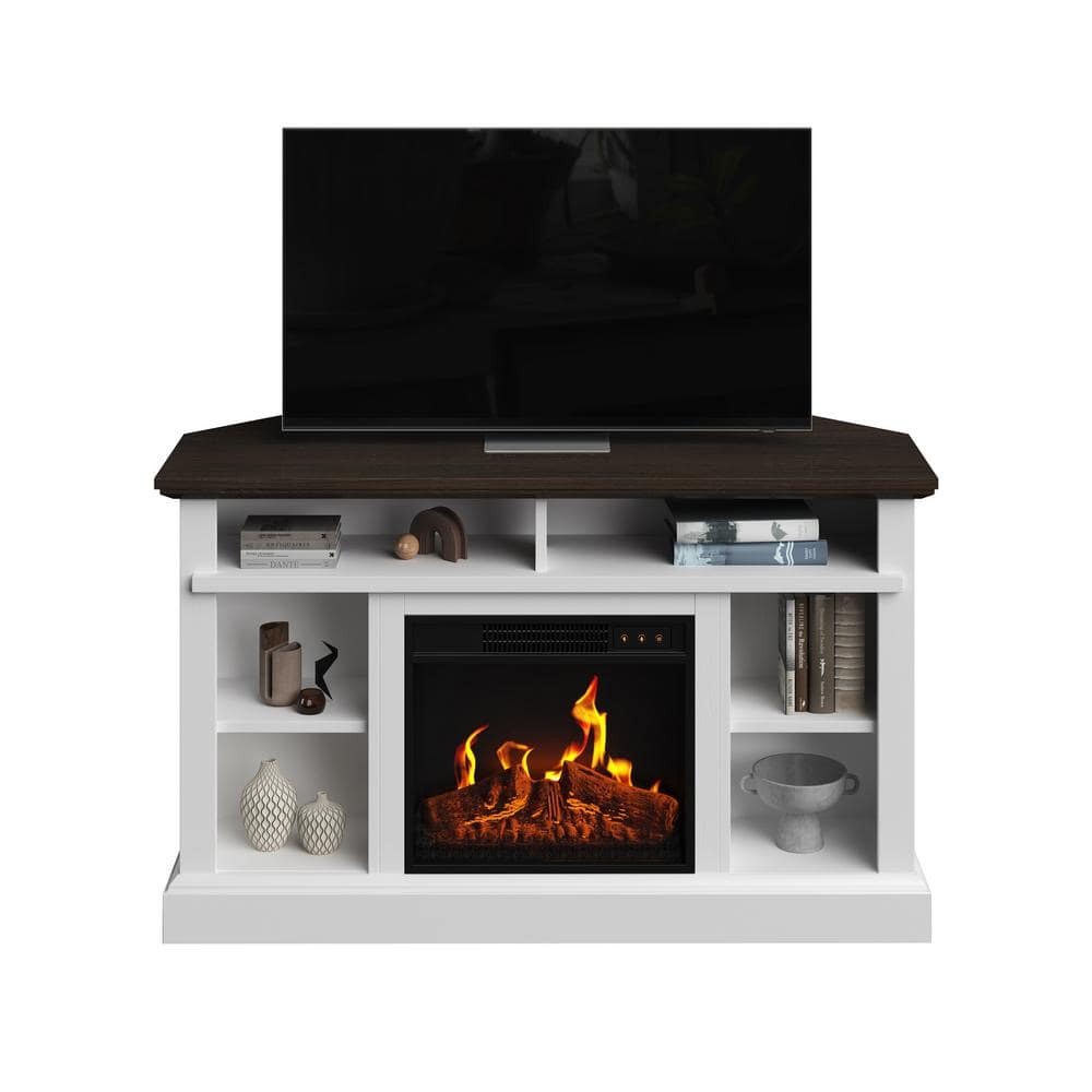 White Corner TV Stand with Electric Fireplace and Storage Cabinet