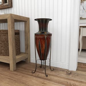 27 in. Brown Tall Metal Decorative Vase with Attached Metal Stand and Intricate Design