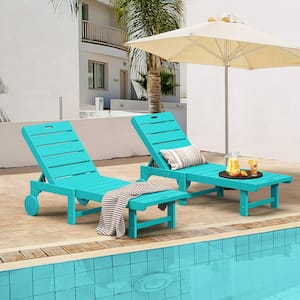 Heli Recycled Aruba Blue HDPS Patio Lounge Chair Plastic Stackable Outdoor Chaise Lounge Chair with Wheel Set of 2