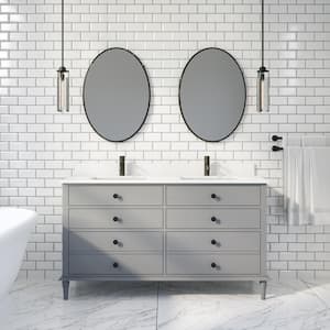 Flynn 60 in. W x 22 in. D Bath Vanity in Gray ENGRD Stone Vanity Top in White with White Basin Power Bar and Organizer