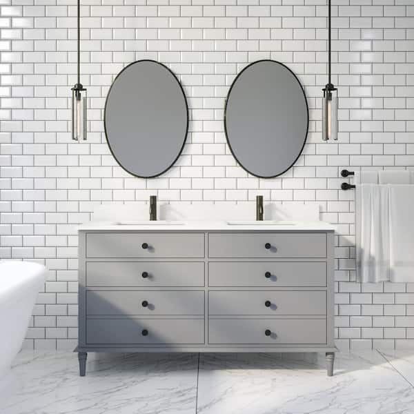 ART BATHE Flynn 60 in. W x 22 in. D Bath Vanity in Gray ENGRD Stone Vanity Top in White with White Basin Power Bar and Organizer