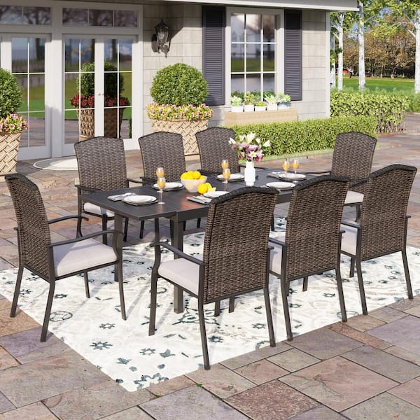 PHI VILLA Black 9-Piece Metal Patio Outdoor Dining Set with Extendable Table and Rattan Chairs with Beige Cushion