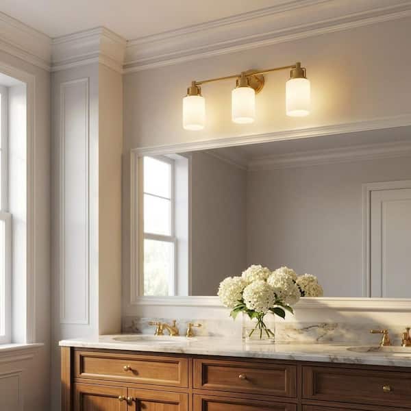 Ashford 23.75 in. W x 10.25 in H 3-Light Burnished Brass Transitional Bathroom Vanity Light with Milk Drum Glass Shades