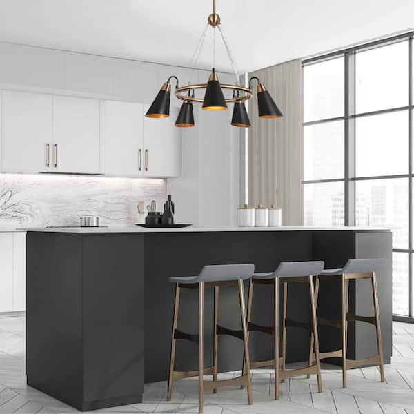 Flumie 5-Light Modern Round Black Chandelier, Industrial Brass Gold Adjustable Hanging Pendant with Metal Cone for Foyer