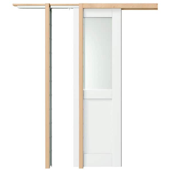 24 in. x 80 in. 1/2-Lite, Frosted Glass, Solid Core, DIY Painted, White Primed, MDF Sliding Door with All Hardware