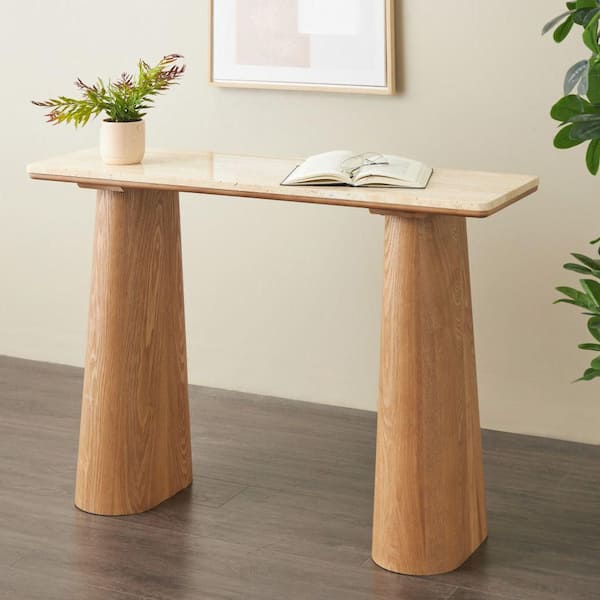 47 in. Brown Rectangle Wood Console Table with Beige Marble Tabletop