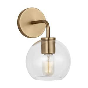 Orley 6.25 in. 1-Light Satin Brass Modern Industrial Wall Bathroom Vanity Light with Clear Glass Shade