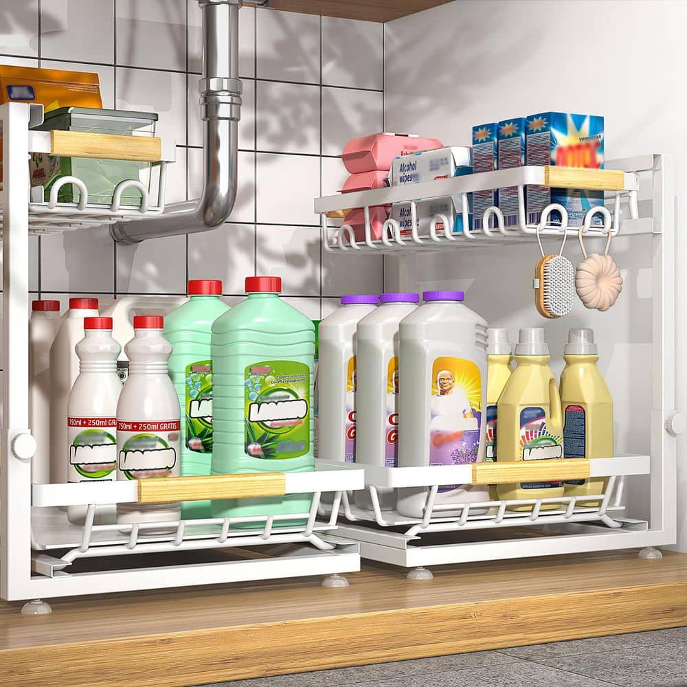 3-Shelf White Height Adjustable Under Sink Pantry Organizer with Pull-Out Baskets for Kitchen Bathroom (2-Pack) price history on PriceWatchPro