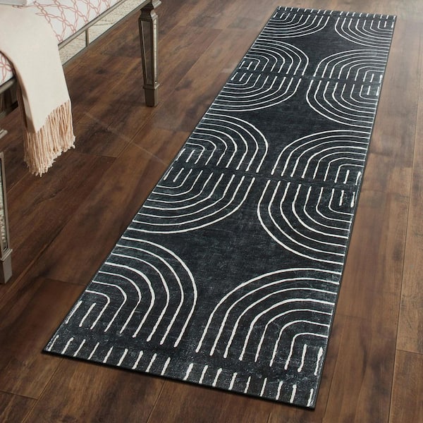 Bohemian Lines Washable Non Slips Black 2 ft. x 10 ft. Runner Rug