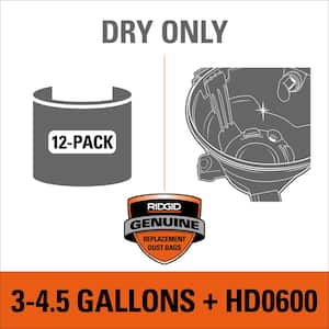 High-Eff. Wet/Dry Vac Dry Pick-up Only Dust Bags for 3 to 4.5 Gallon and HD06001 RIDGID Shop Vacuums, Size C (12-Pack)