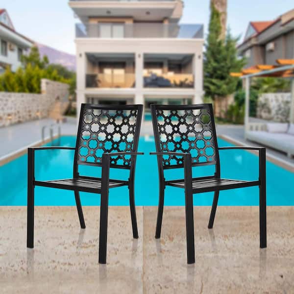 Zeus & Ruta Outdoor Dining Chair Patio Chair, Wrought Iron Metal Bistro Chairs, Black Stackable Dining Chair with Armrests (2-Piece)