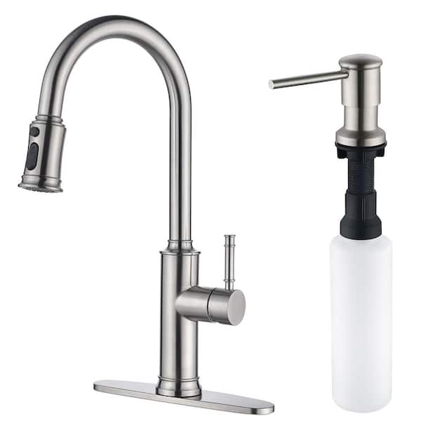 Single Handle Pull Down Sprayer Kitchen Faucet with Soap Dispenser in Brushed Nickel