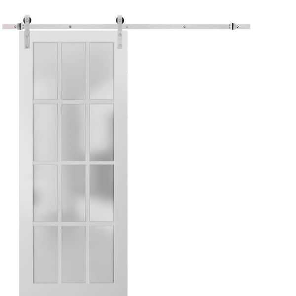 Sartodoors 30 in. x 96 in. 3/4 Lite Frosted Glass Matte White Solid Wood Sliding Barn Door with Hardware Kit