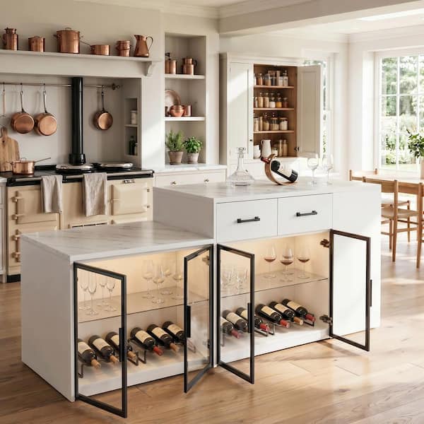 White Wood Top 94.5 in. Kitchen Island with LED Lighting, Glass Cabinet Doors, 2 Drawers, 9 Shelves, Faux Marble Finish