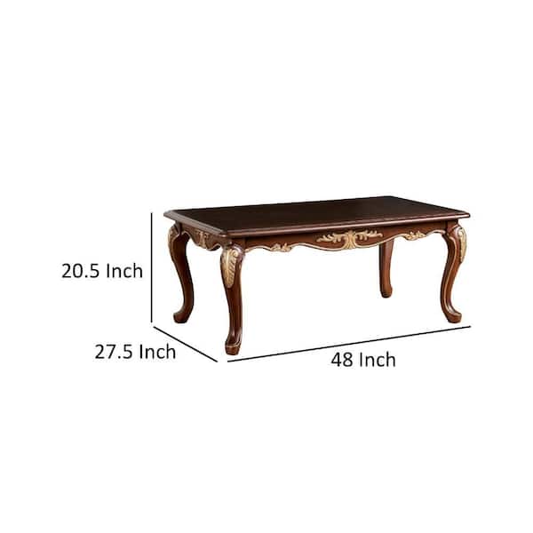 Benjara Saili 27.5 in. Tobacco Brown and Gold Rectangle Wood Coffee Table  with Gold Carvings and Cabriole Legs BM319805