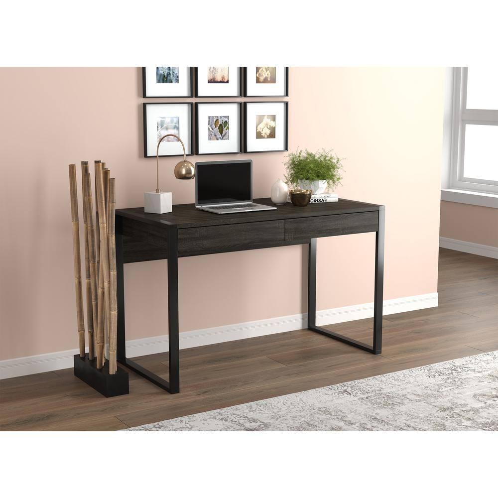 Modern Industrial Dark Grey Wood Computer Desk with Drawers