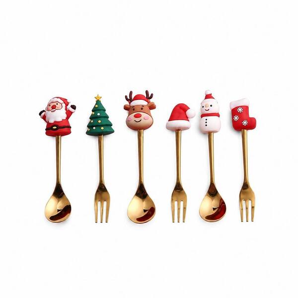 Gold Christmas Dessert Spoons and Forks, 3 Spoons and 3 Forks in a Gift Box