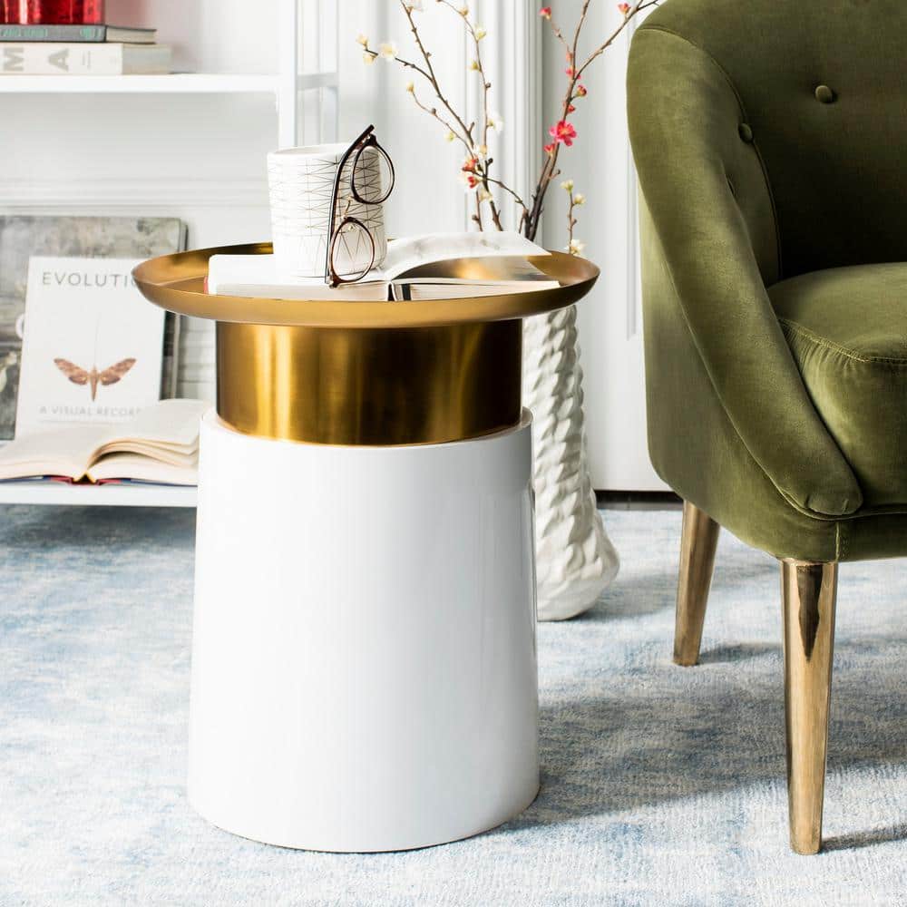 Elegant 16'' Gold and White Metal-Wood Round Side Table