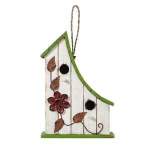 13 in. H Washed White Distressed Solid Wood Birdhouse with Green Roof