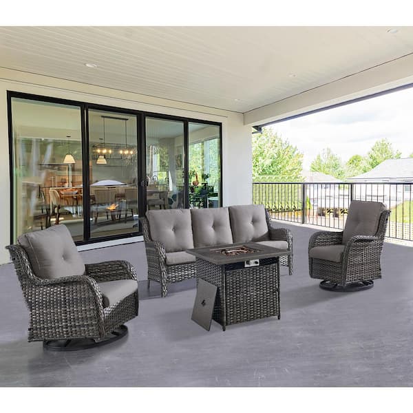 ArcoBay 4-Piece Gray Wicker Patio Square Fire Pit Conversation Set with Gray Cushions and Swivel Rocking Chairs