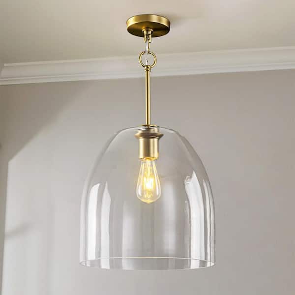 RRTYO Davyn 60-Watt 1-Light Brushed Gold Dome Glass Pendant Light with Curved Clear Bell-Shape Glass Shade
