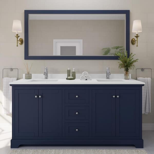 Wyndham Collection Avery 72 in. W x 22 in. D x 35 in. H Double Bath Vanity in Dark Blue with White Cultured Marble Top