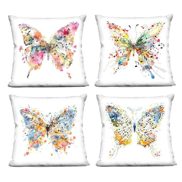 Butterflies with Music Notes Multi-Color Abstract Polyester 18 in. X 18in. Throw Pillow, Set of 4