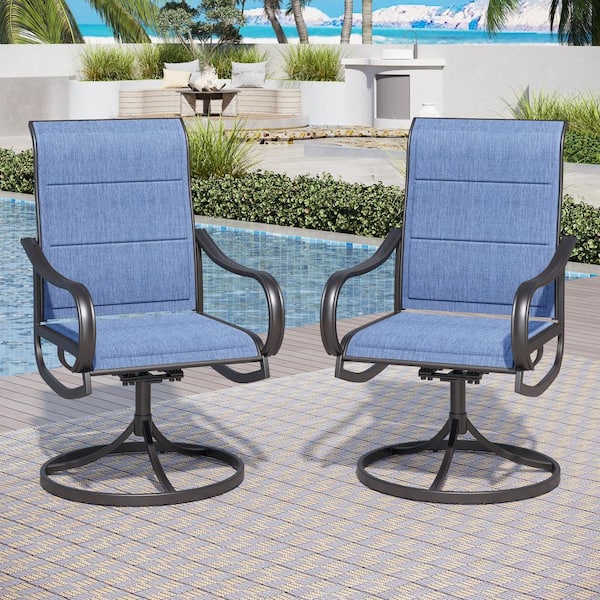 PHI VILLA Black Swivel Padded Blue Textilene Metal Outdoor Dining Chair with Curve Arms Set of 2