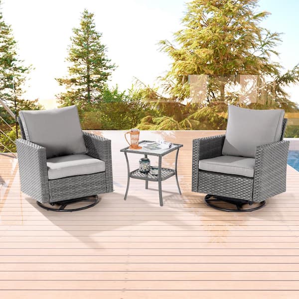 Sonkuki 3-Piece Gray Wicker Outdoor Swivel Rocking Chairs Patio Bistro Set with Side Table Linen Grey Cushion