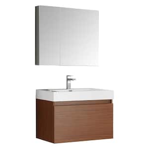 Mezzo 30 in. Vanity in Teak with Acrylic Vanity Top in White with White Basin and Mirrored Medicine Cabinet