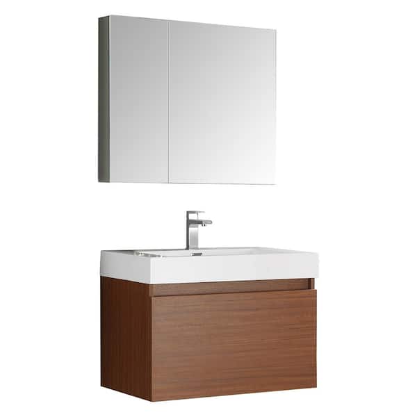 Fresca Mezzo 30 in. Vanity in Teak with Acrylic Vanity Top in White with White Basin and Mirrored Medicine Cabinet