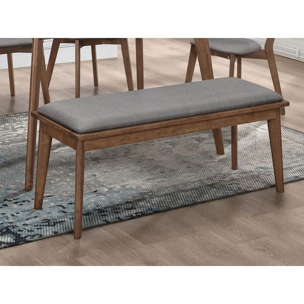 Retro-Inspired Gray Upholstered Dining Bench with Natural Walnut Legs