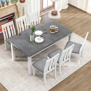 Vintage 7-Piece Gray and White Wood Top Extendable Dining Table Set with 6 Upholstered Chairs