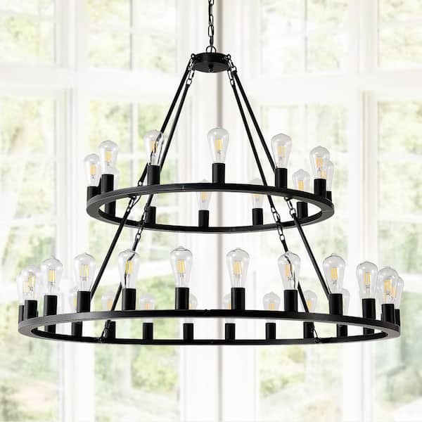 Basdien 36-Light Black 2 Tiers Wagon Wheel Chandelier Farmhouse Pendant-Light Fixtures for Kitchen Island with No Bulbs Included