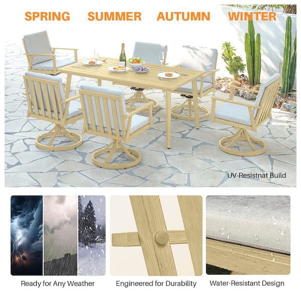 Alulux Light Brown Wood 7-Piece Aluminum Outdoor Dining Set with 6 Swivel Dining Chairs and Beige Cushions