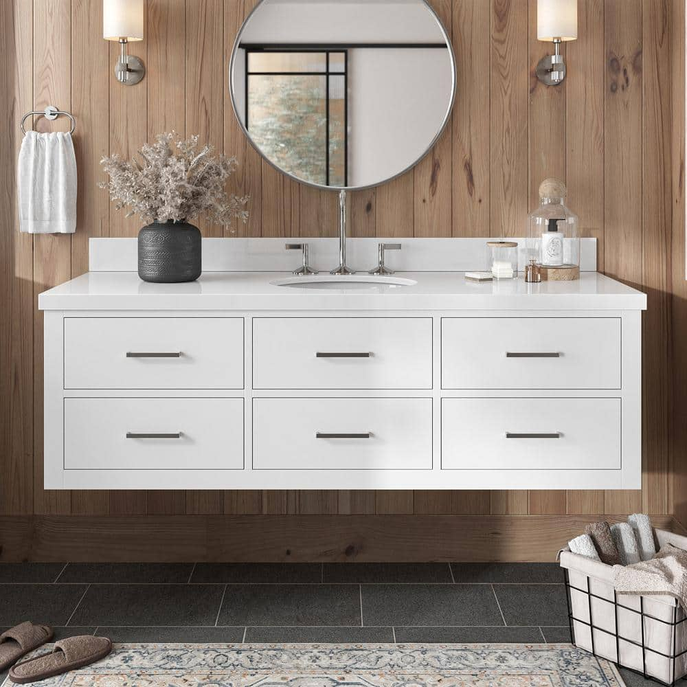 Hutton 61 in. W x 22 in. D x 19.6 in. H Bath Vanity in White with Pure White Quartz Top -  ARIEL, W061SWQOVOWHT