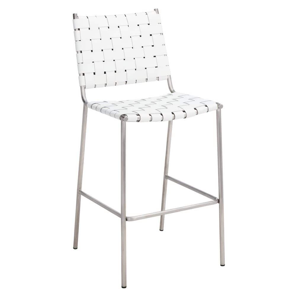 Saddle Style Woven White Leather Counter Stool with Silver Metal Base