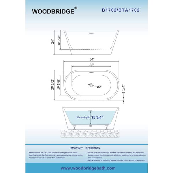 Marseille 54 in. Acrylic FlatBottom Double Ended Bathtub with Brushed Gold Overflow and Drain Included in White