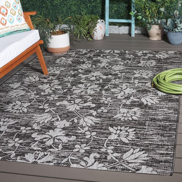 Courtyard Black/Light Gray 9 ft. x 12 ft. Antique Floral Indoor/Outdoor Area Rug