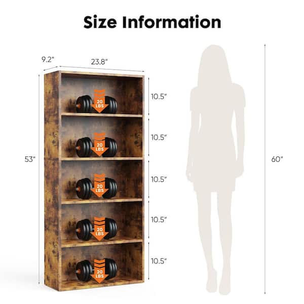 Tileon 5-Shelf Brown Freestanding MDF Open Bookcase, Pantry