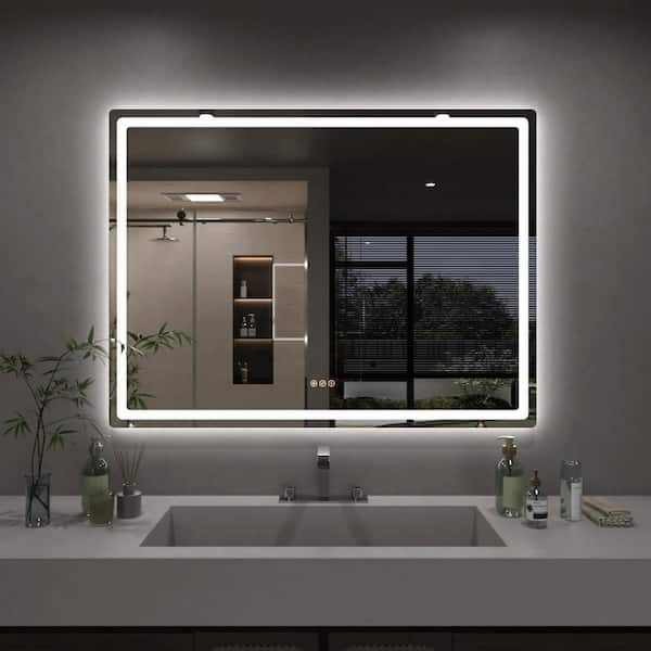 Eira 48 in. W x 36 in. H Round Corner Rectangular Frameless Wall Mount LED Bathroom Vanity Mirror in Polished Crystal