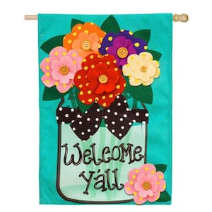 28 in. x 44 in. Welcome Y'all Polka Dot Flowers Burlap House Flag