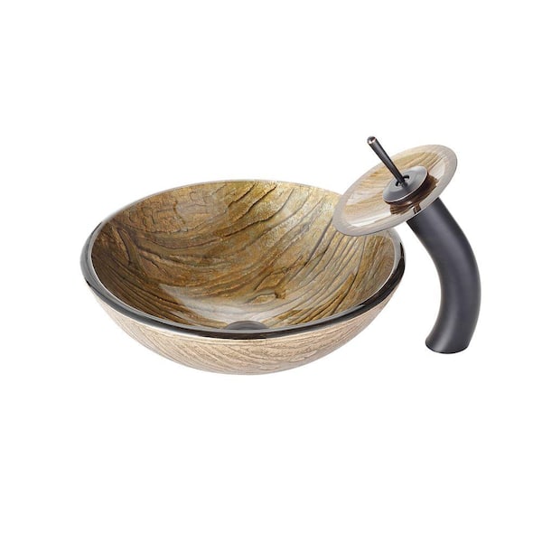 KRAUS Terra Glass Vessel Sink in Gold with Waterfall Faucet in Oil Rubbed Bronze
