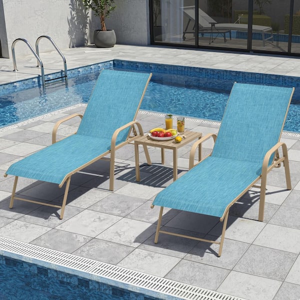 2-Pack Aluminum Reclining Outdoor Chaise Lounge Chairs with Armrests in Blue